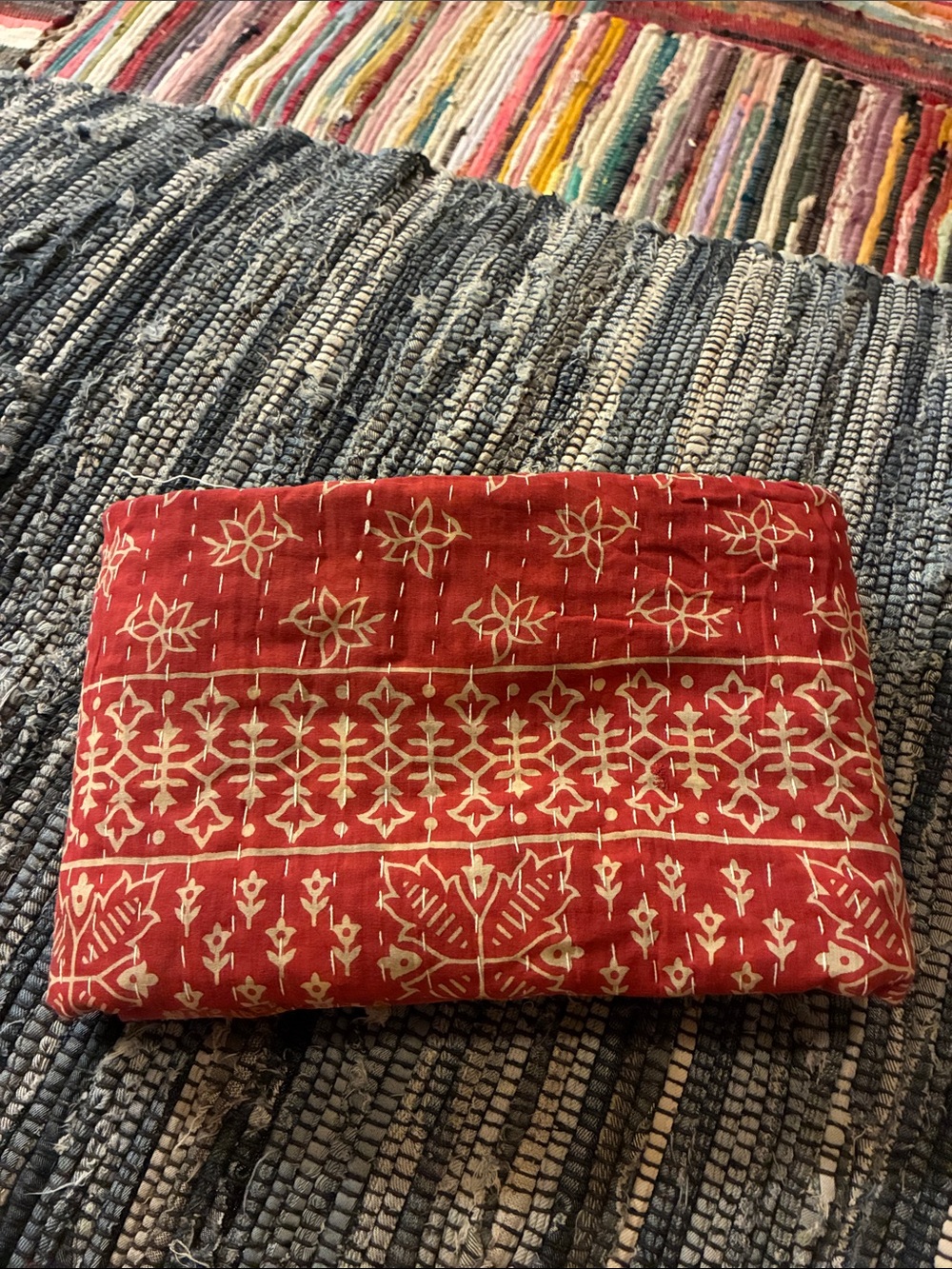 Red Reversible Cotton Kantha Throw Blanket with Handcrafted Stitching